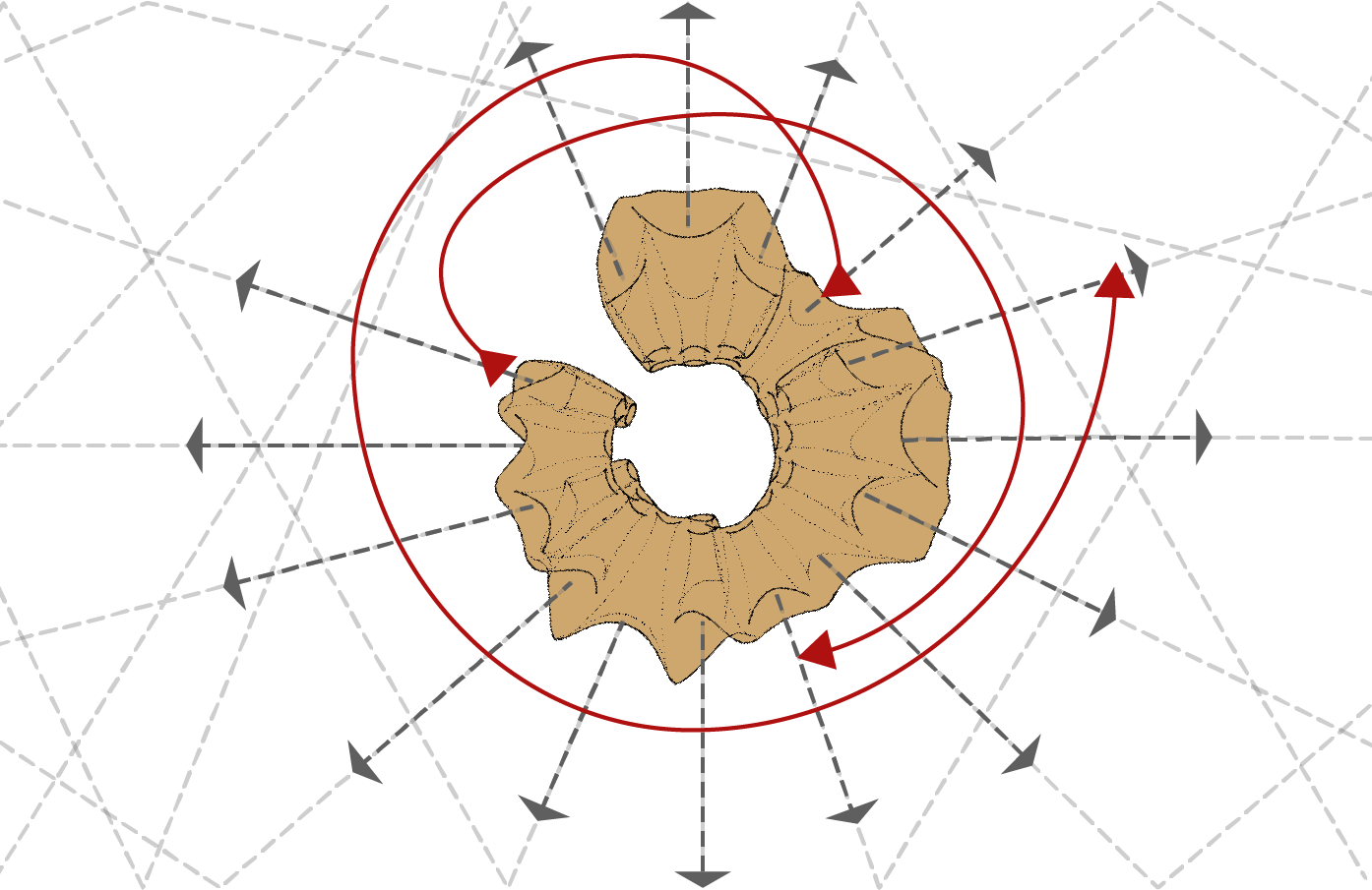 An illustration of how the sounds is projected to move in a spiral fashion around the sculpture.