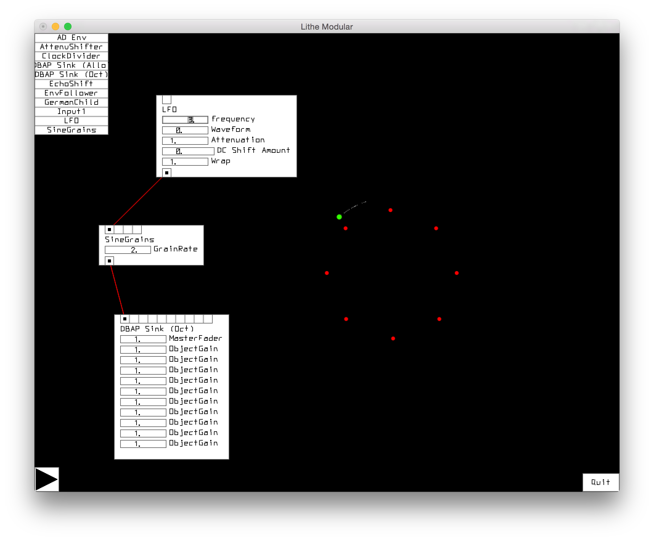 Lithe Modular, a proof-of-concept spatial modular synthesizer application showing an audio object's position being controlled by an LFO.